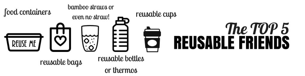 Illustration of reusable friends: reusable bags, reusable bottles or thermos, reusable cups, reusable food containers